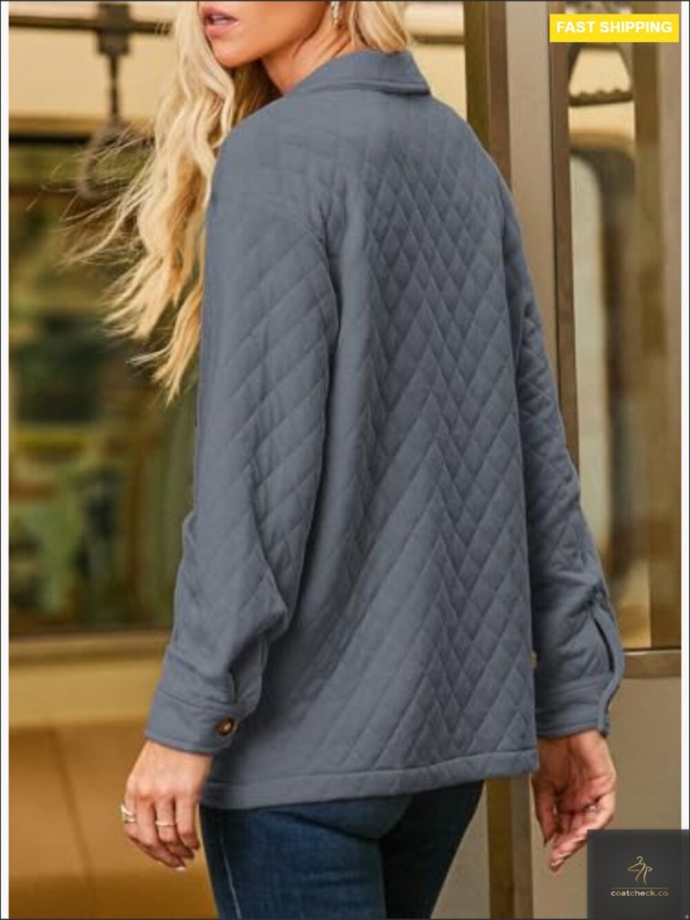 Women's Quilted Button Down Jacket Long Sleeve Casual Lightweight Coat with - Picture 4 of 7